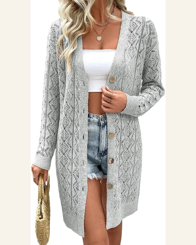 Cardigan Sweater Casual Gray Hollow Out Buttons Front by SELINK