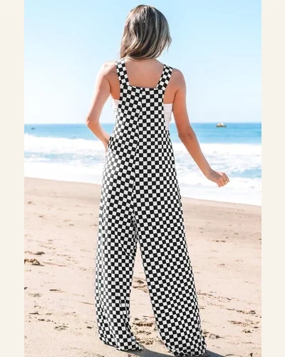 Casual Black Checkered Overalls Wide Leg Sleeveless High, view 2