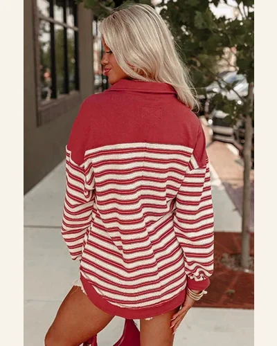 Tunic Tops Casual Red Stripe Buttoned V Neck, view 2