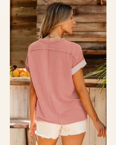 Short Sleeve T Shirt Casual Apricot Pink Textured, view 2