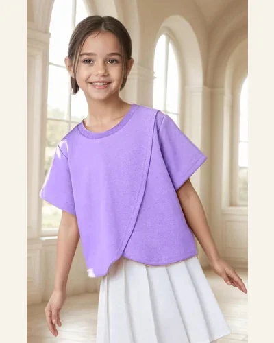Girls Short Sleeve T Shirts Asymmetrical Hem Crew, view 3