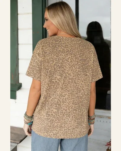 Retro Leopard Print T-Shirt Studded Star Loose Tee, view 2