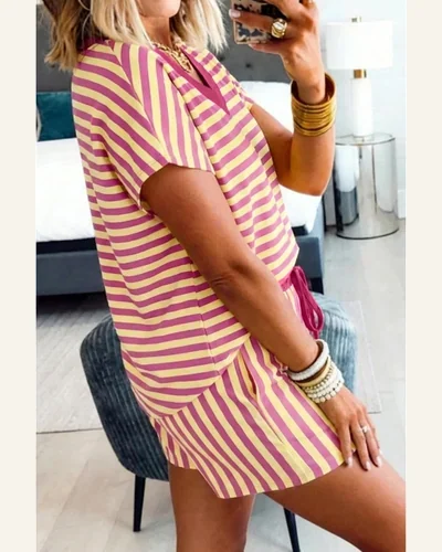 Striped 2 Piece Set Cap Sleeve V Neck, view 2