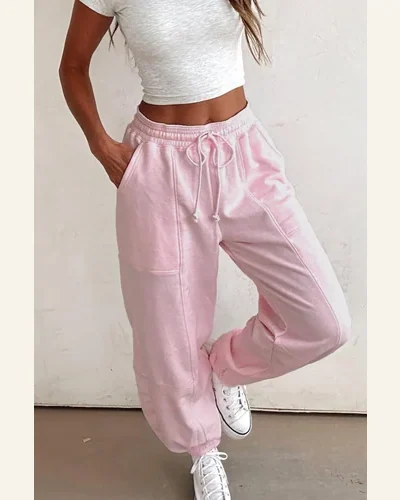 Casual Drawstring Waist Pants Solid Patchwork Comfort Wide, view 3