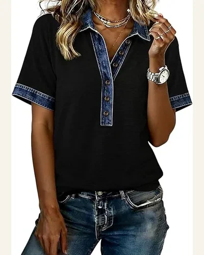Waffle Knit Polo Shirt Contrast Denim Patchwork Top, view 1