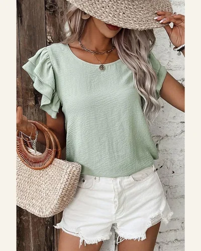 Dressy Casual Shirts Ruffle Short Sleeve Crewneck Blouse, view 3