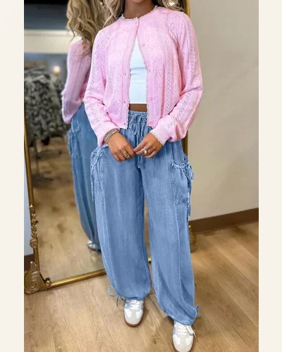 Casual Beau Blue Drawstring Elastic Waist Loose Denim Jeans, view 3