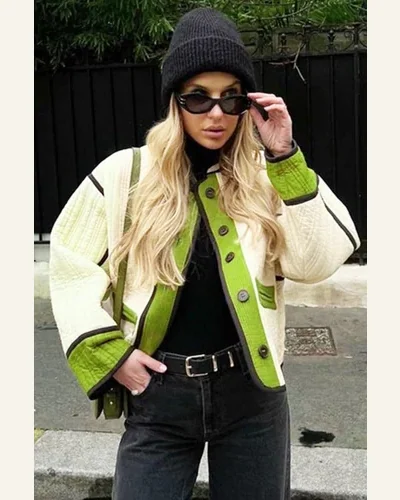 Shacket Jacket Casual Fern Green Quilted Colorblock Button, view 2