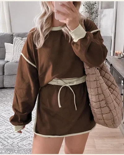 Two Piece Lounge Sets Color Contrast Crewneck Pullover, view 3