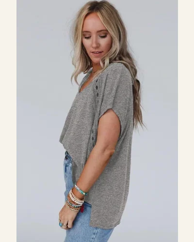 Short Sleeve T Shirt Casual Gray Crochet Lace, view 3