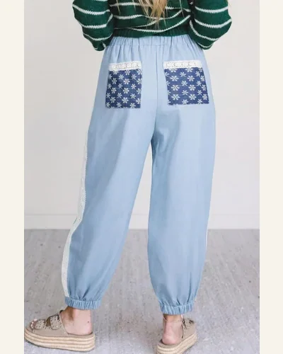 Floral Patch Wide Leg Pants Casual Lace Accent, view 2