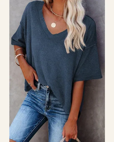 Waffle Knit Tops Casual V Neck Textured Shirts, view 3