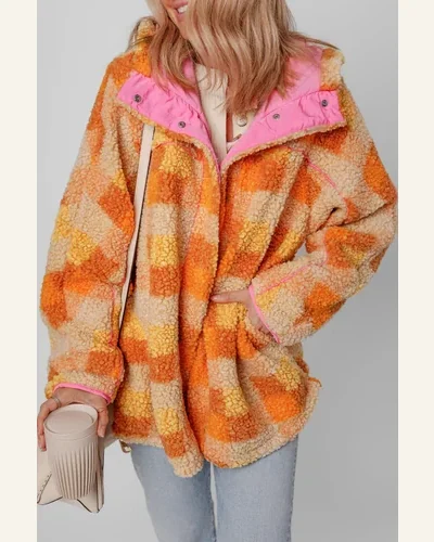 Shacket Jacket Casual Orange Checkered Sherpa Hooded Jacket, view 4