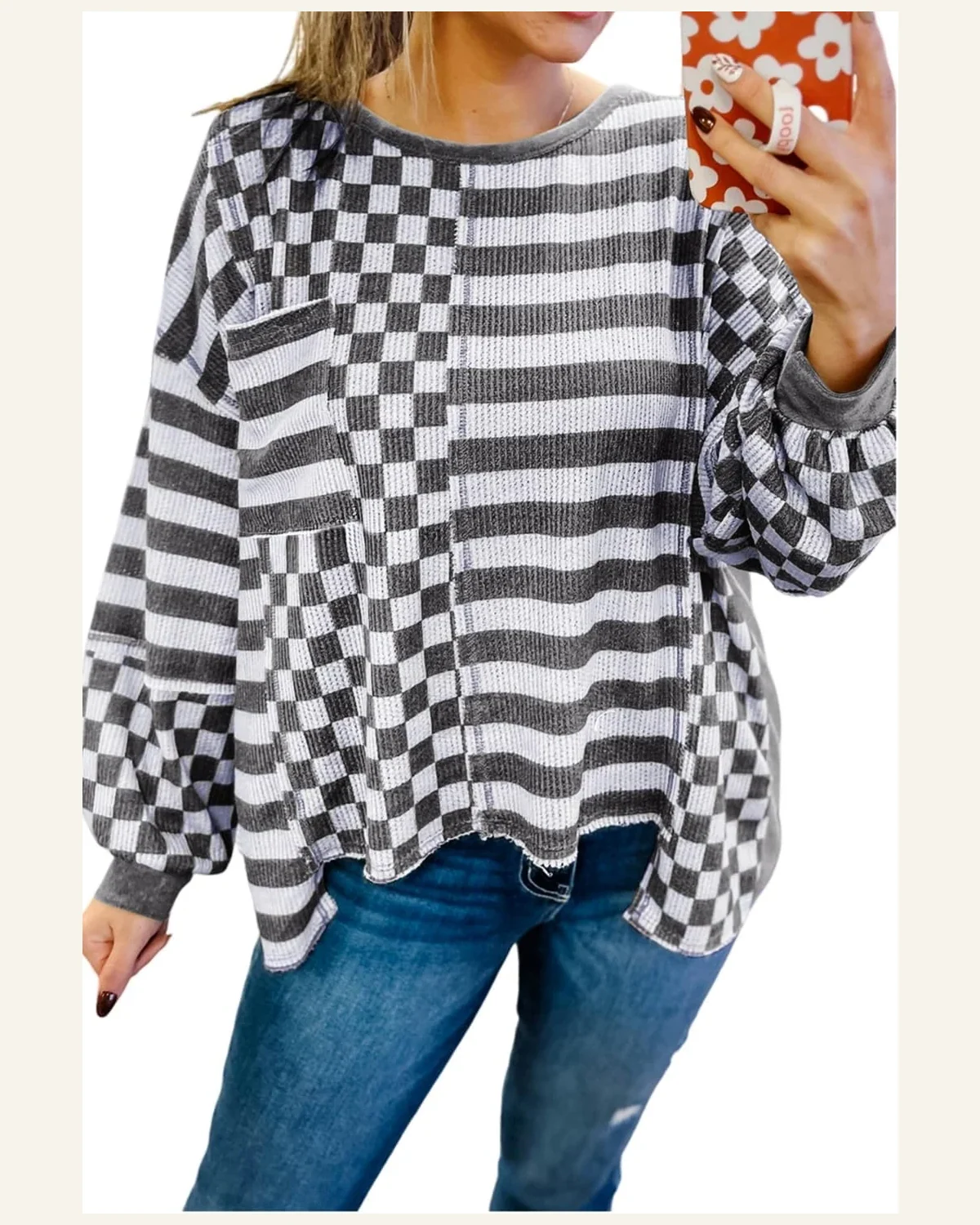 Tunic Tops Casual Dark Grey Checkerboard Striped Patchwork by SELINK
