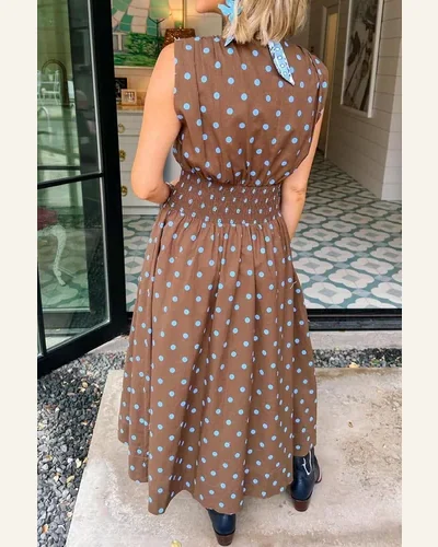 Casual Brown Polka Dot Print Contrast Trim Zip Dress, view 2