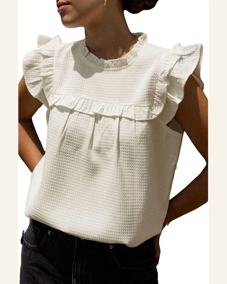 Summer Tops Ruffle Short Sleeve Waffle Knit by SELINK