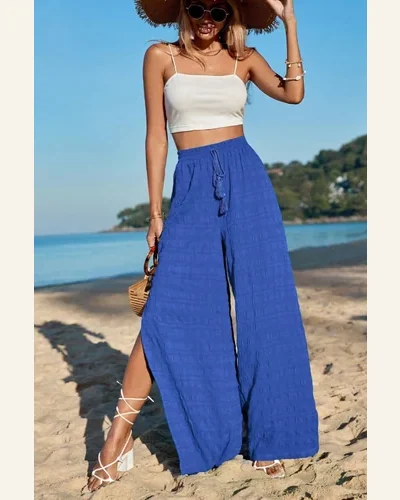 Casual Dark Blue Loose Textured Split Pants High, view 3