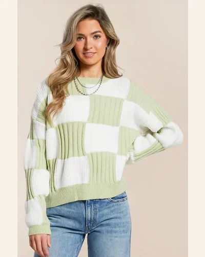 Casual Grass Green Checkered Textured Knit Pullover Sweater, view 3