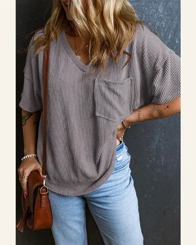 Short Sleeve Ribbed T Shirts Casual V Neck, view 4