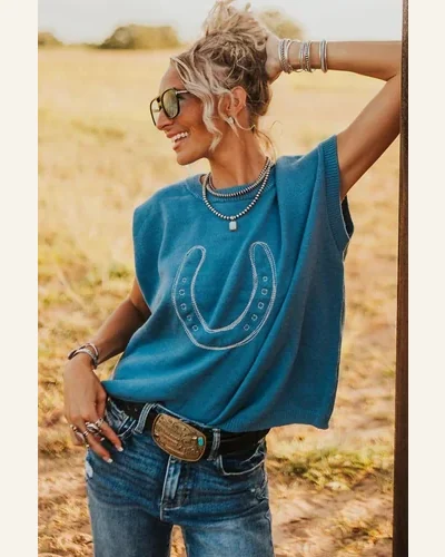 Western Light Blue Horse Shoe Pullover Sweater Tops, view 2