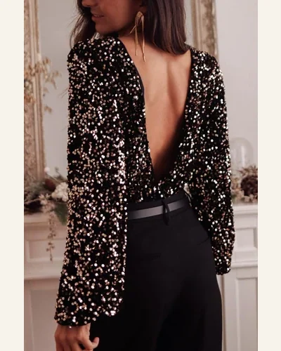 Bodysuit Elegant Black Deep V Back Sequin Puff, view 2