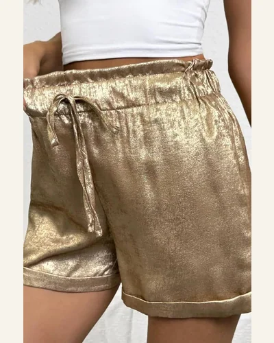 Casual Gold Metallic Luster Tie Elastic Waist Shorts, view 3