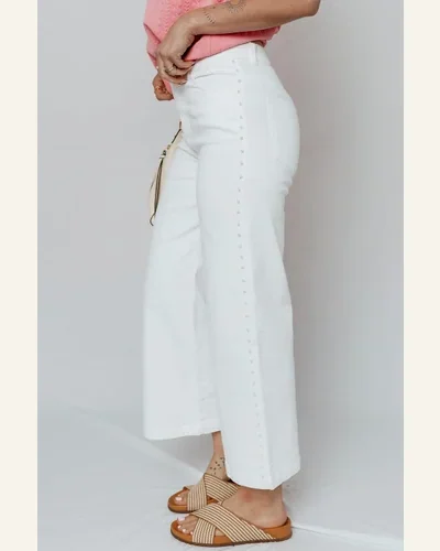 Casual White Pearl Embellished Side Seam Ankle-Length Jeans, view 2