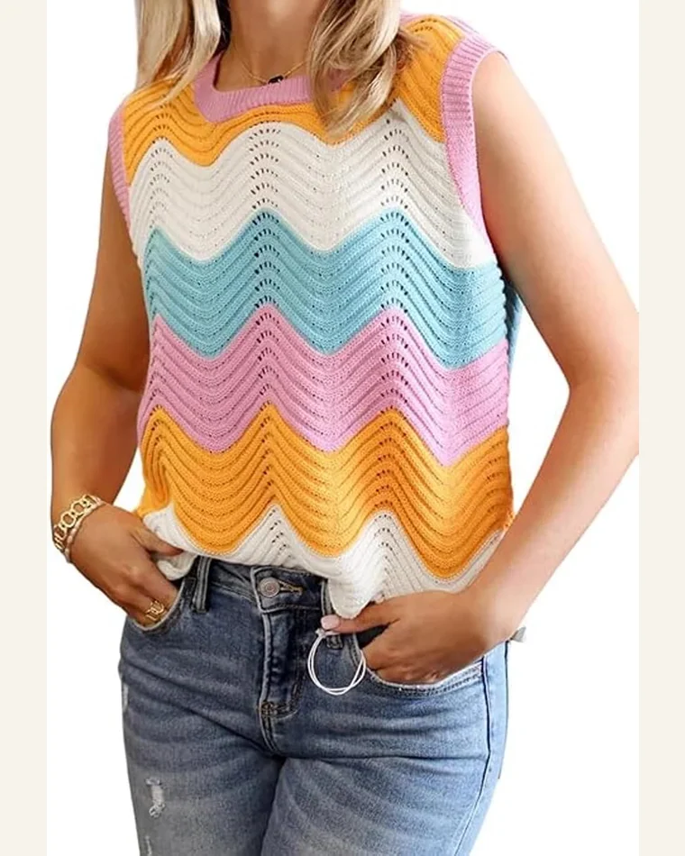 Tank Tops Casual Multicolour Striped Scalloped Hem Knitted by SELINK