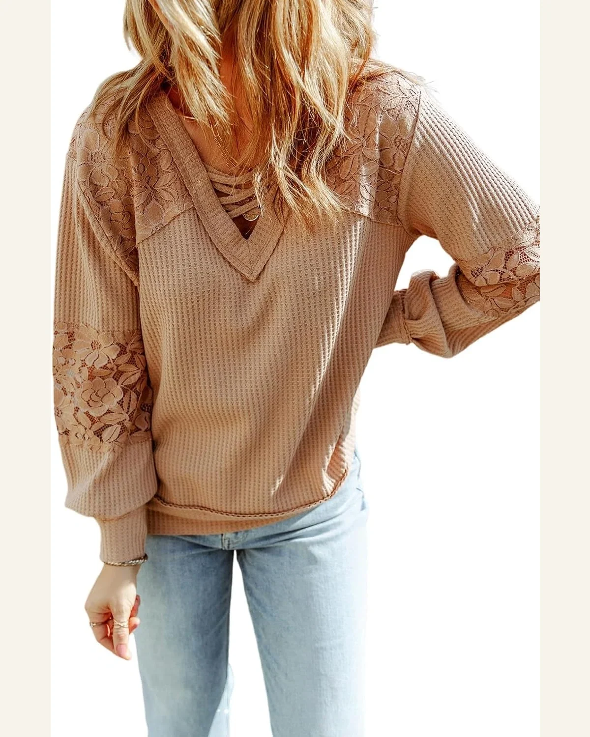Tunic Tops Casual Apricot Lace Waffle Patchwork Strappy by SELINK