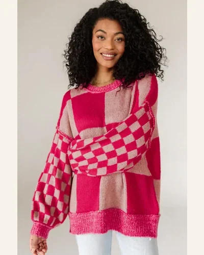 Casual Rose Red Mixed Checkered Pattern Drop Shoulder Sweater, view 4