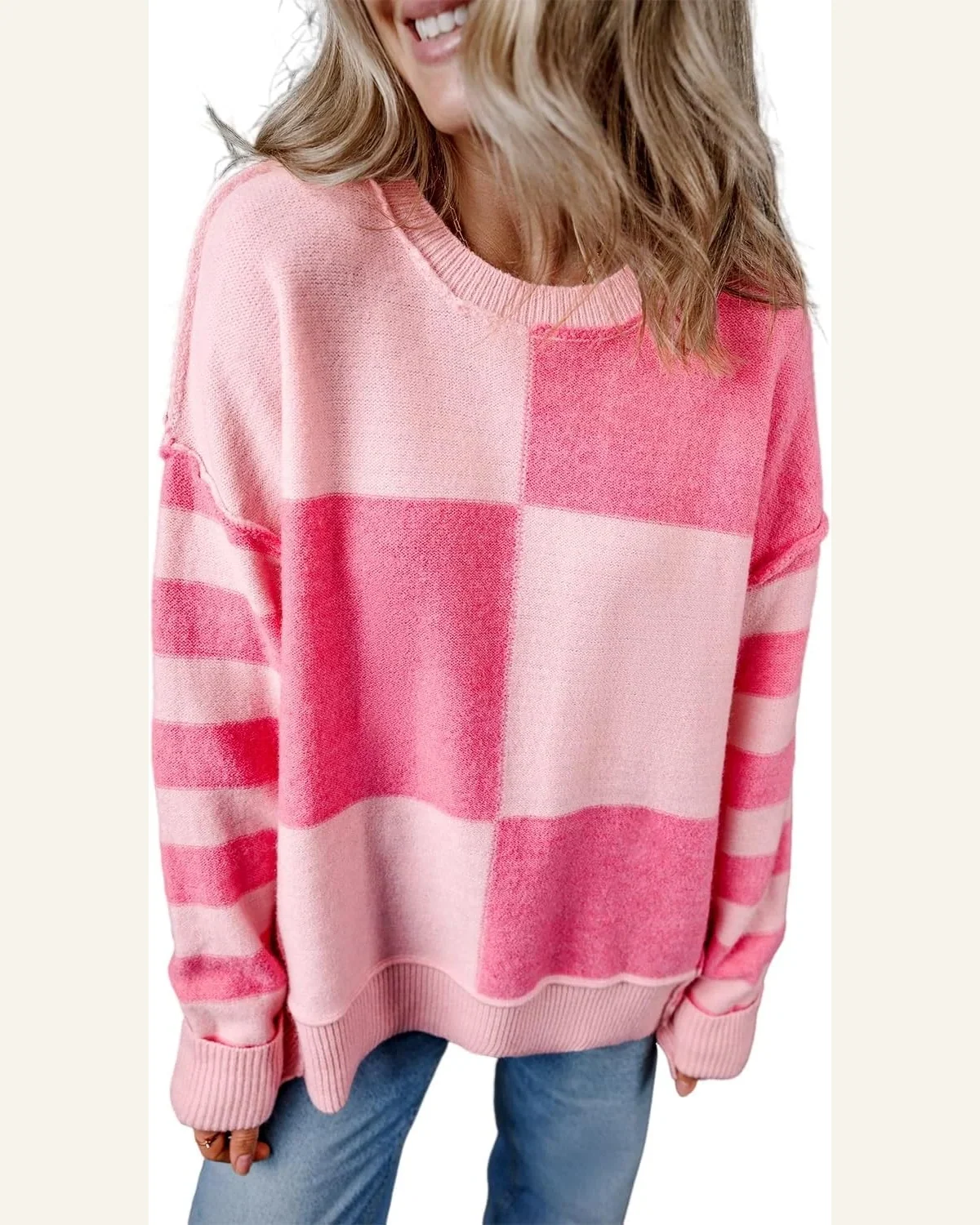 Casual Pink Checkered Colorblock Striped Loose Pullover Sweater by SELINK
