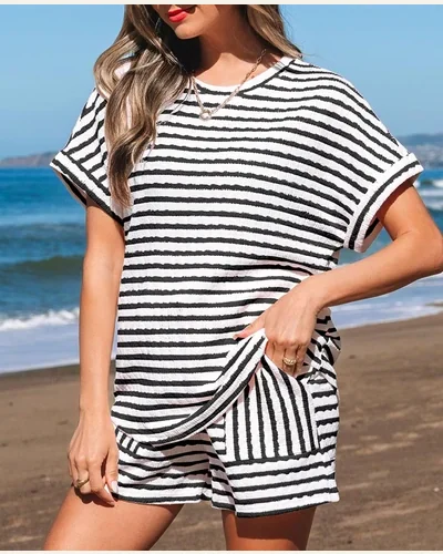Summer 2 Piece Outfits Striped Short Sleeve Top, view 3