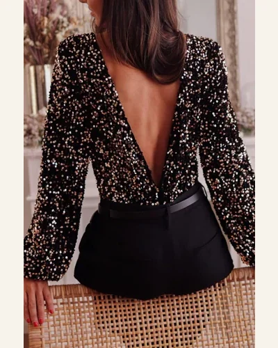 Bodysuit Elegant Black Deep V Back Sequin Puff, view 3