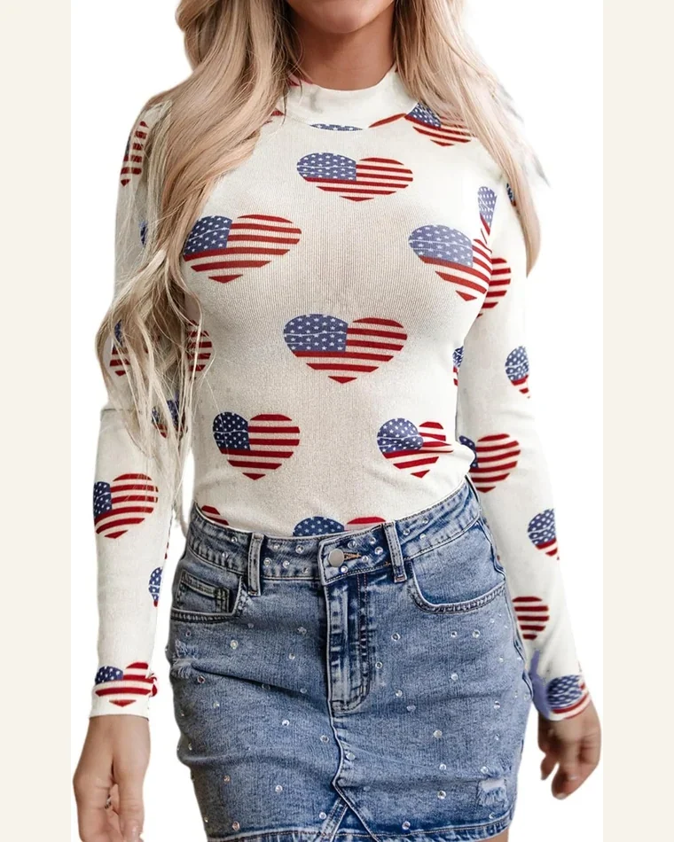 Bodysuit Casual White Americana Glitter Mesh Long Sleeve by SELINK
