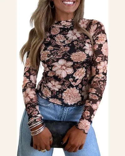 Long Sleeve Mesh Tops Sheer Blouses Mock Neck, view 4