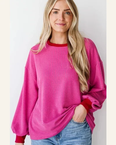 Tunic Tops Casual Bright Pink Corded Contrast Edge, view 4