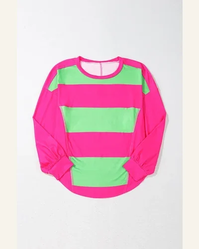 Tunic Tops Casual Light Green Colorblock Striped Drop, view 2