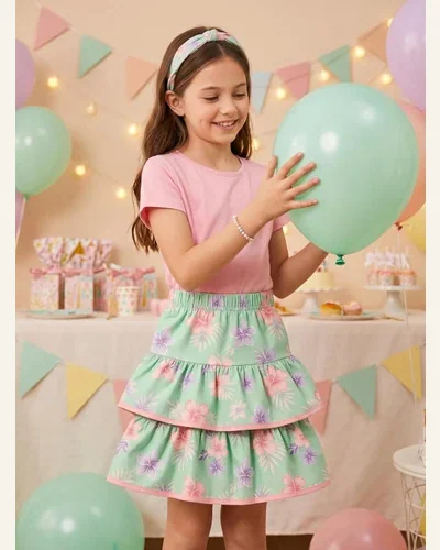 Big Girls Mint Green Tropical Hibiscus Floral Skirt, view 2