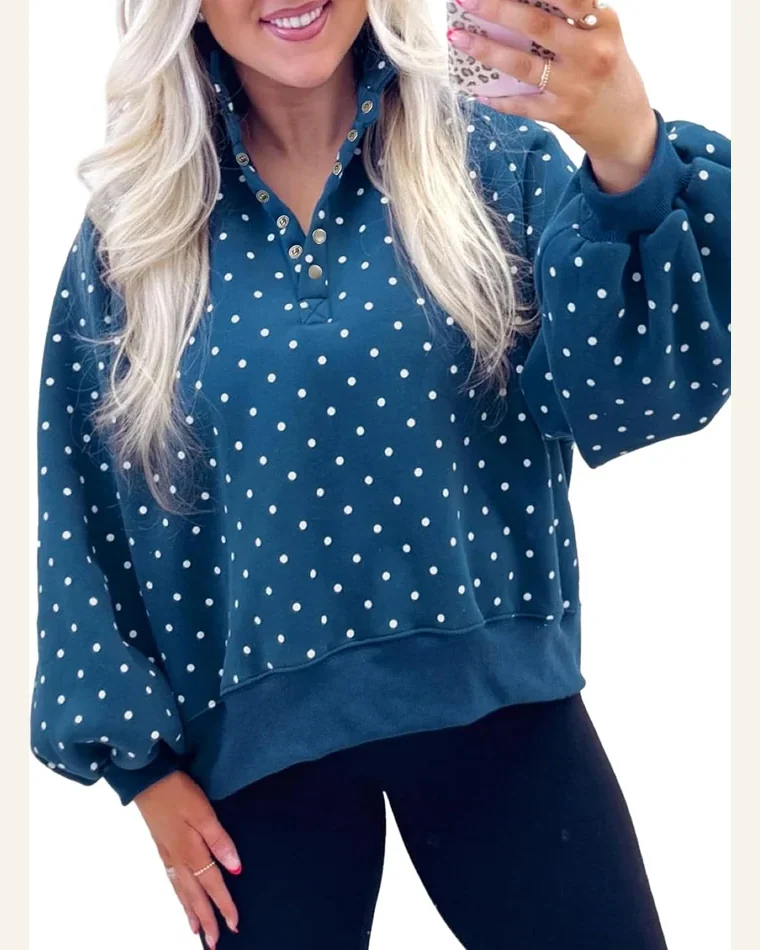 Polka Dot Sweatshirt Casual Snap Button Long Sleeve by SELINK