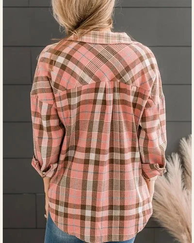 Plaid Flannel Shirts Casual Drop Shoulder Button, view 2