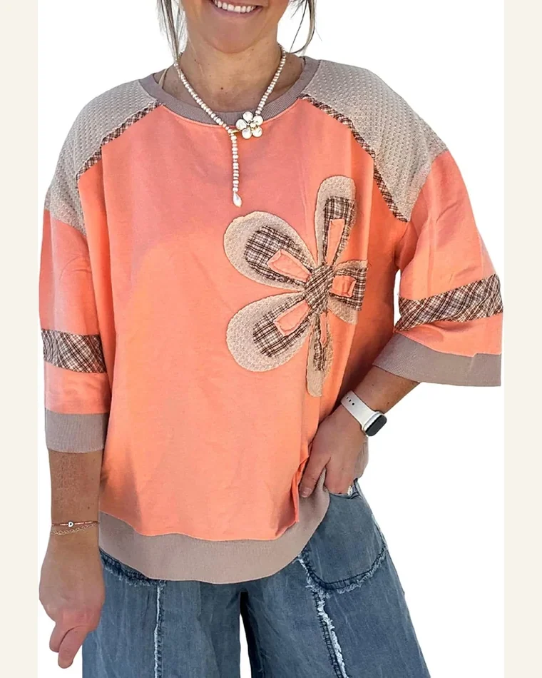 Casual 3/4 Sleeve Tops Plaid Waffle Flower Patchwork by SELINK