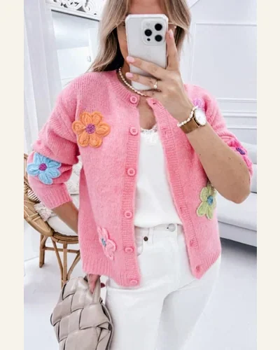 Cardigan Sweater Elegant Pink Knitted Floral Pattern Button, view 4