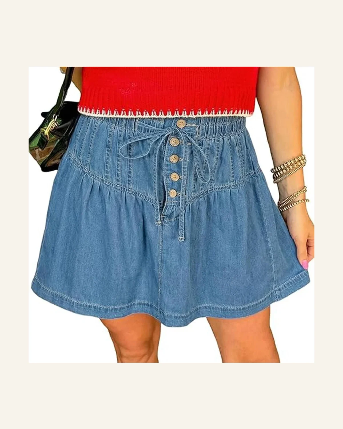 Casual Sky Blue Half Buttons Pleated Denim Mini Jeans by SELINK