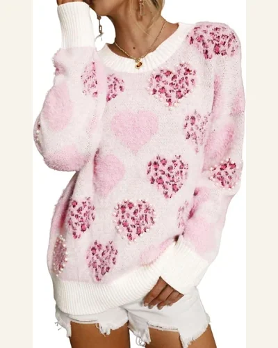 Fuzzy Heart Sweater Crew Neck Pearl Drop Shoulder, view 4