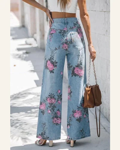 High Waisted Jeans Sky Blue Garden Floral Bootcut, view 2