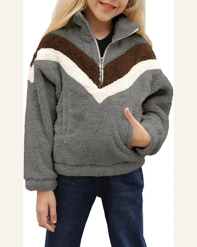Girls Fuzzy Fleece Pullover Stripe Color Block Half, view 1