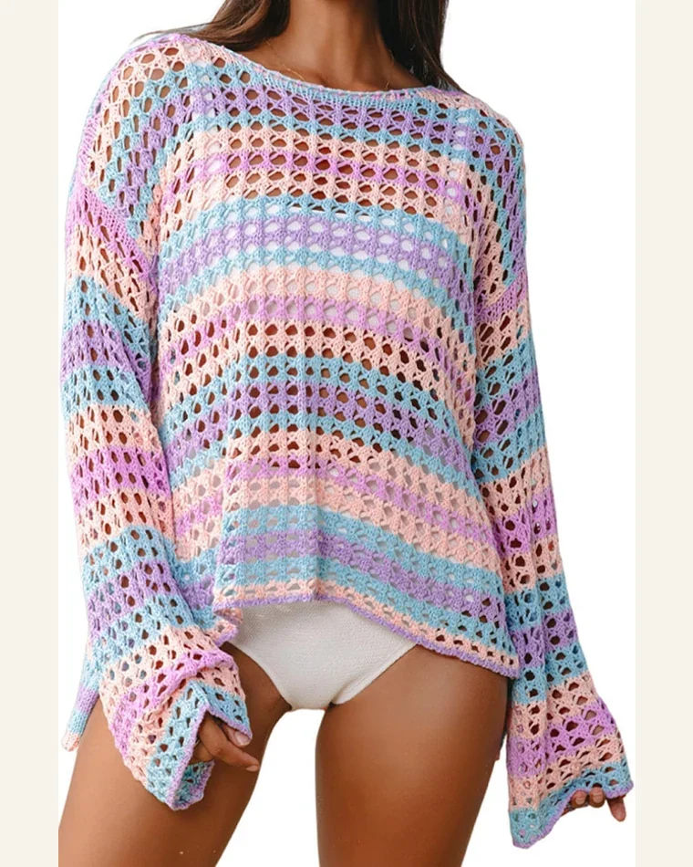 Cover Up Casual Purple Multi Stripe Open Knit Swimsuit by SELINK