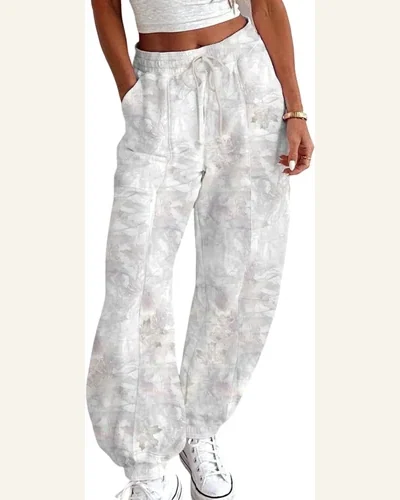 Casual Beige Camo Print Pants Baggy Drawstring Jogger, view 1