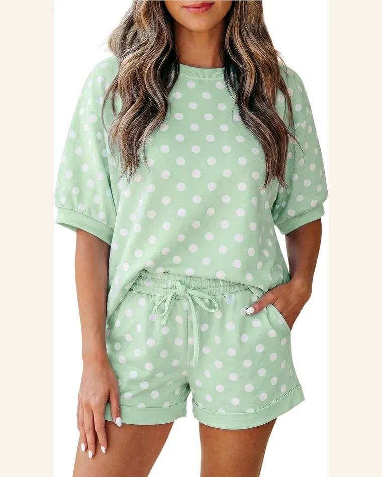 2 Piece Lounge Set Polka Dot Crewneck Top by SELINK