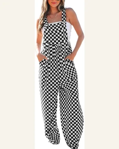 Casual Black Checkered Overalls Wide Leg Sleeveless High, view 1